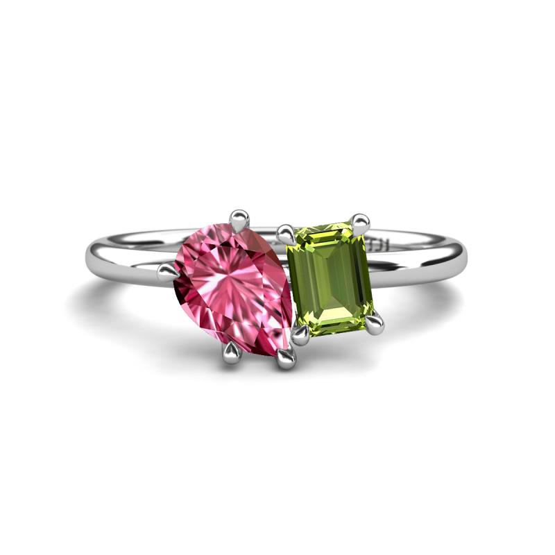 Nadya Pear Shape Pink Tourmaline & Emerald Shape Peridot 2 Stone Duo Ring 