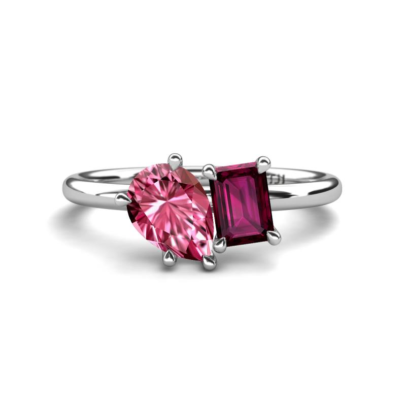 Nadya Pear Shape Pink Tourmaline & Emerald Shape Rhodolite Garnet 2 Stone Duo Ring 