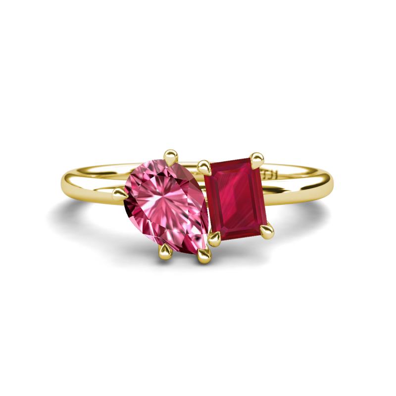 Nadya Pear Shape Pink Tourmaline & Emerald Shape Ruby 2 Stone Duo Ring 