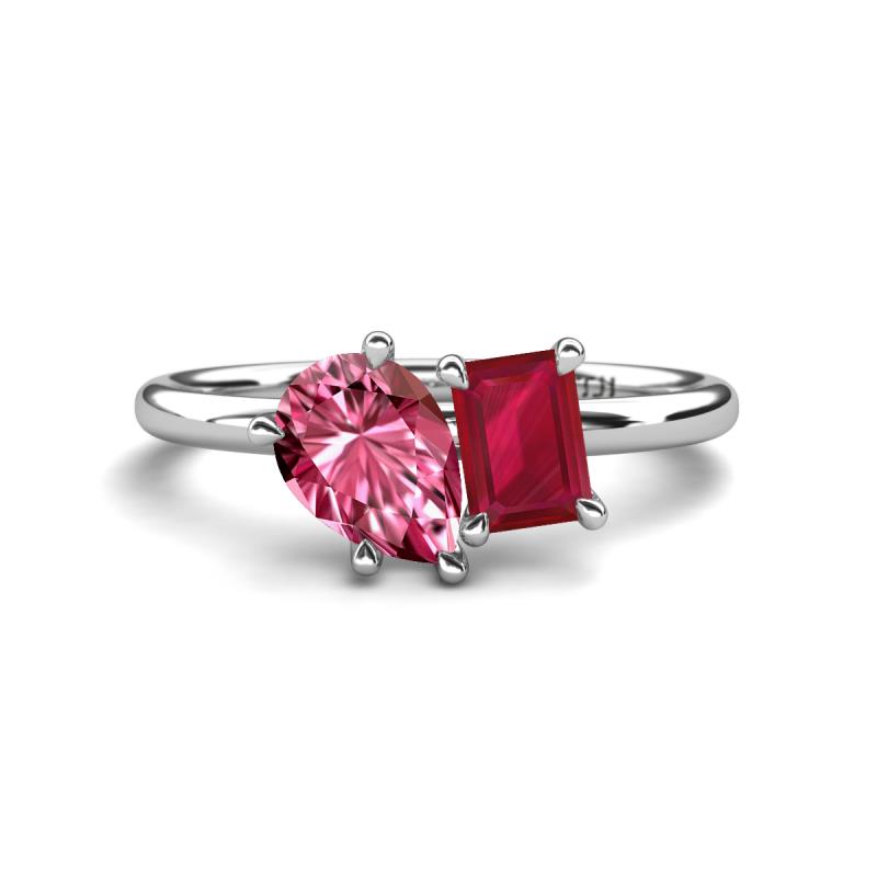 Nadya Pear Shape Pink Tourmaline & Emerald Shape Ruby 2 Stone Duo Ring 