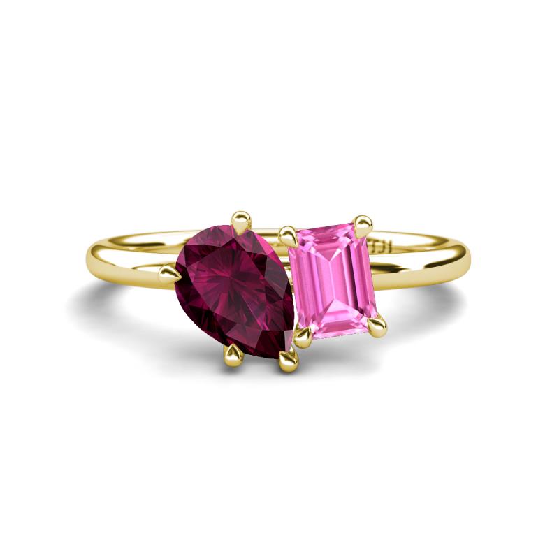 Nadya Pear Shape Rhodolite Garnet & Emerald Shape Pink Sapphire 2 Stone Duo Ring 