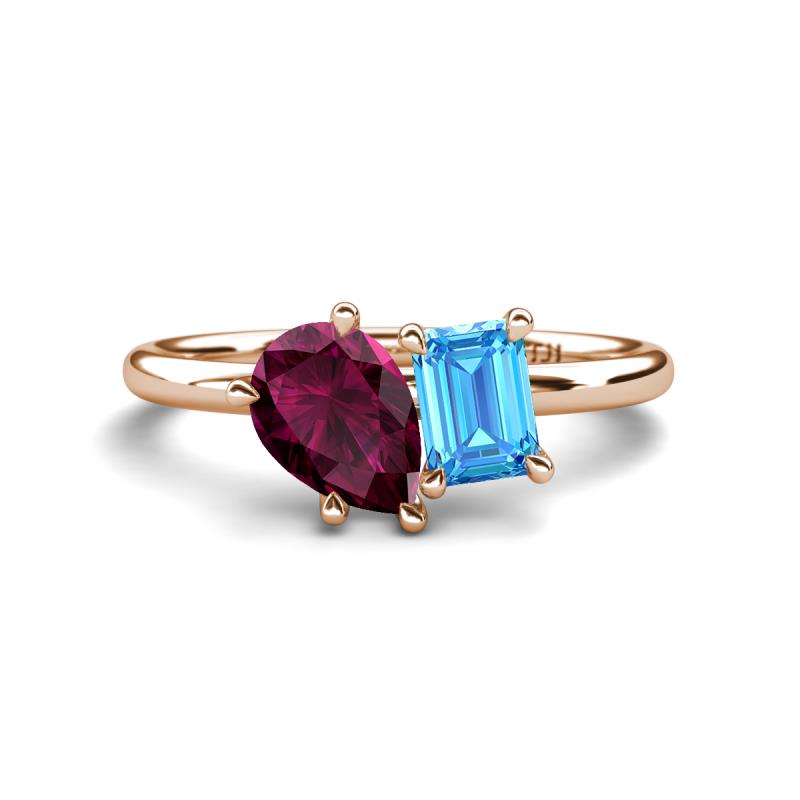 Nadya Pear Shape Rhodolite Garnet & Emerald Shape Blue Topaz 2 Stone Duo Ring 