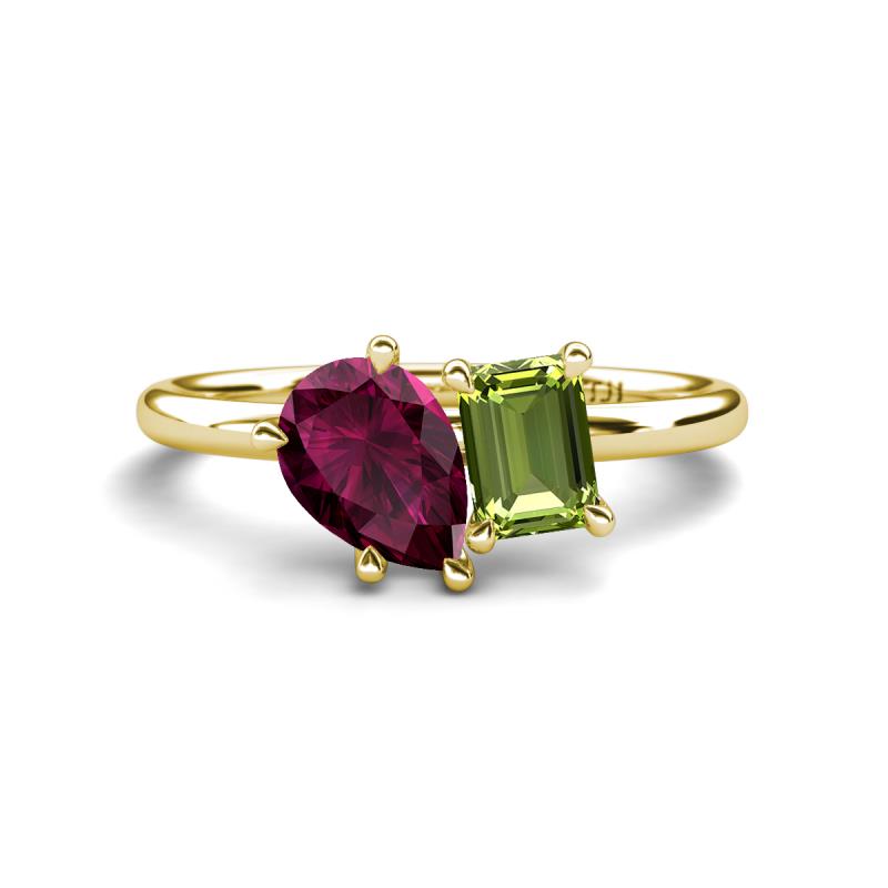 Nadya Pear Shape Rhodolite Garnet & Emerald Shape Peridot 2 Stone Duo Ring 