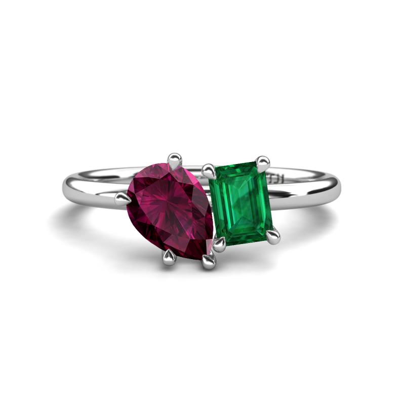 Nadya Pear Shape Rhodolite Garnet & Emerald Shape Emerald 2 Stone Duo Ring 