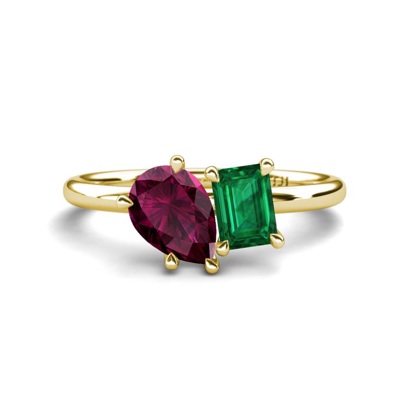 Nadya Pear Shape Rhodolite Garnet & Emerald Shape Emerald 2 Stone Duo Ring 