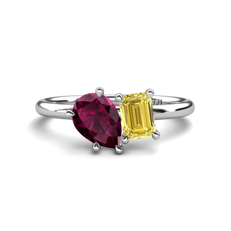 Nadya Pear Shape Rhodolite Garnet & Emerald Shape Yellow Sapphire 2 Stone Duo Ring 