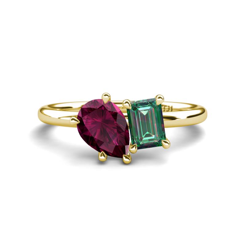 Nadya Pear Shape Rhodolite Garnet & Emerald Shape Lab Created Alexandrite 2 Stone Duo Ring 