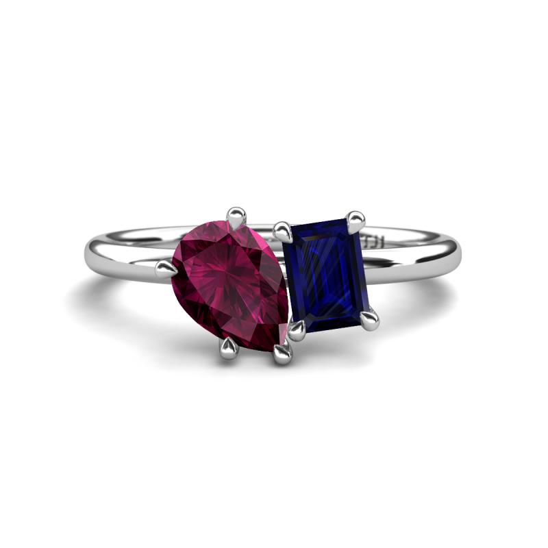 Nadya Pear Shape Rhodolite Garnet & Emerald Shape Blue Sapphire 2 Stone Duo Ring 