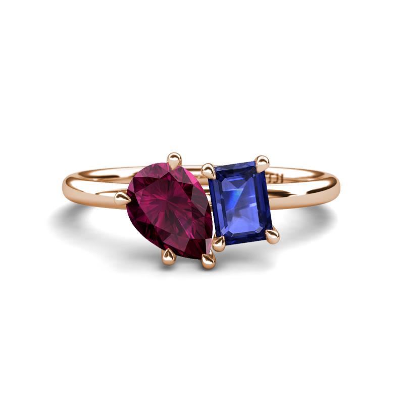 Nadya Pear Shape Rhodolite Garnet & Emerald Shape Iolite 2 Stone Duo Ring 