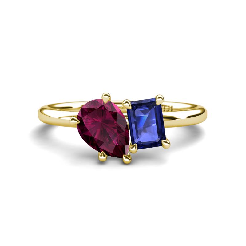 Nadya Pear Shape Rhodolite Garnet & Emerald Shape Iolite 2 Stone Duo Ring 