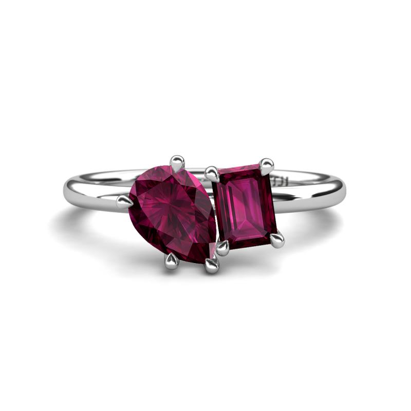 Nadya Pear & Emerald Shape Rhodolite Garnet 2 Stone Duo Ring 