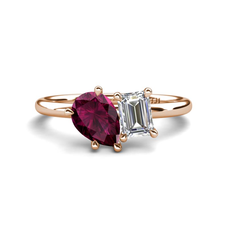 Nadya Pear Shape Rhodolite Garnet & Emerald Shape Certified Lab Grown Diamond 2 Stone Duo Ring 