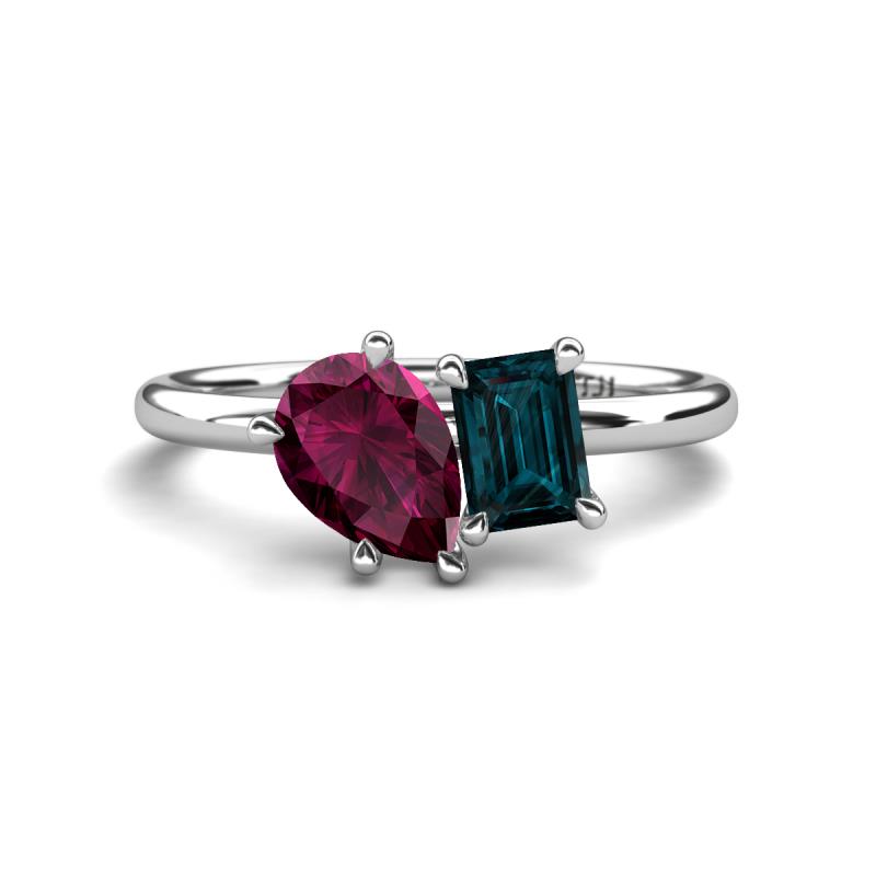 Nadya Pear Shape Rhodolite Garnet & Emerald Shape London Blue Topaz 2 Stone Duo Ring 