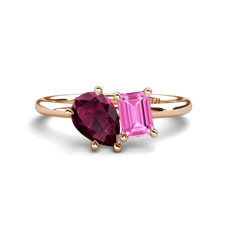 Nadya Pear Shape Rhodolite Garnet & Emerald Shape Pink Sapphire 2 Stone Duo Ring 