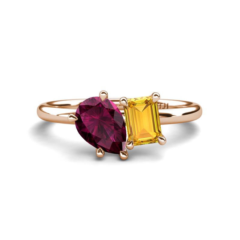 Nadya Pear Shape Rhodolite Garnet & Emerald Shape Citrine 2 Stone Duo Ring 