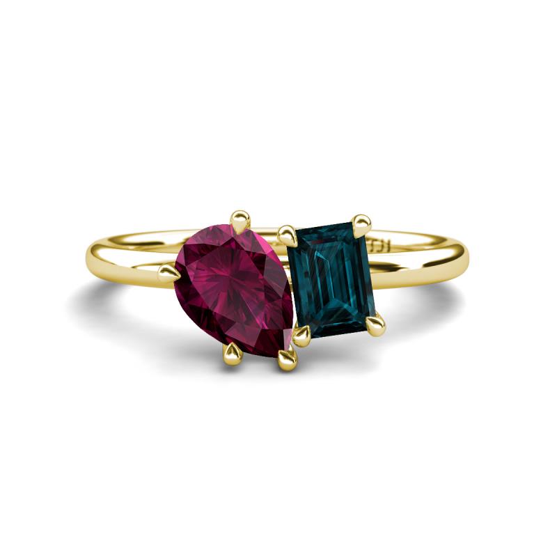 Nadya Pear Shape Rhodolite Garnet & Emerald Shape London Blue Topaz 2 Stone Duo Ring 