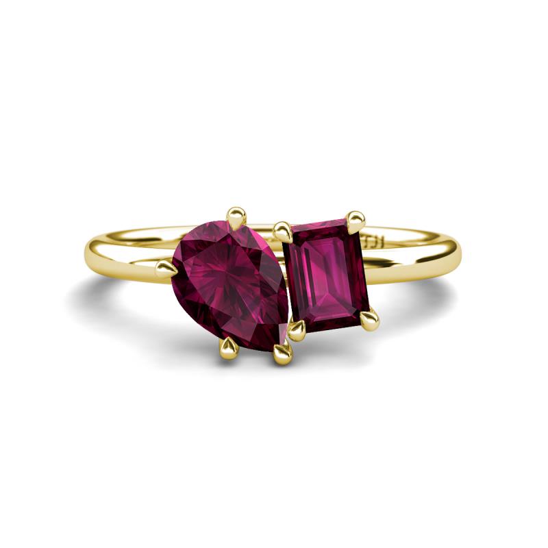 Nadya Pear & Emerald Shape Rhodolite Garnet 2 Stone Duo Ring 