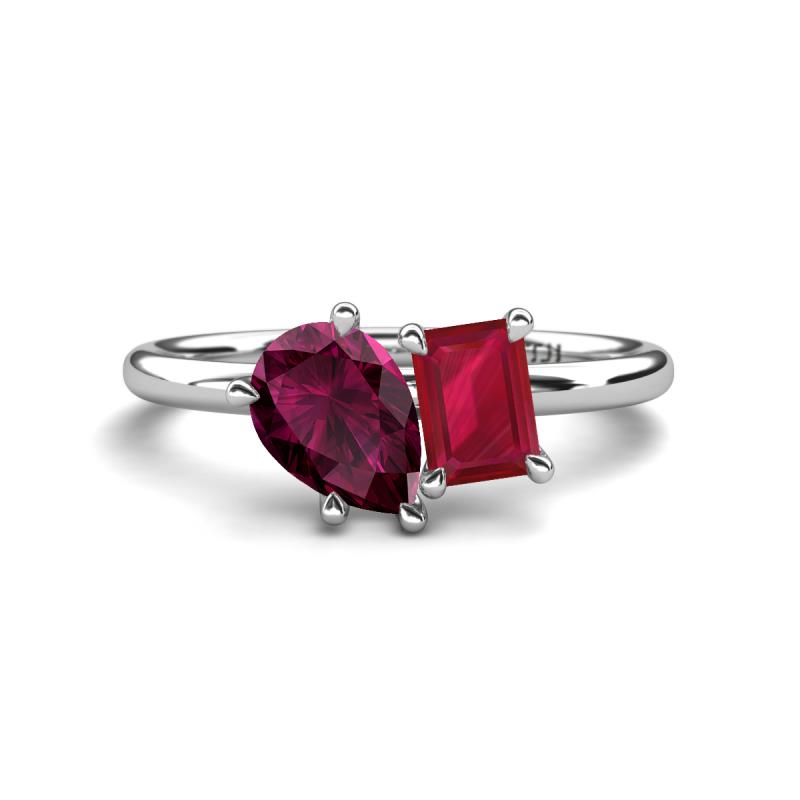 Nadya Pear Shape Rhodolite Garnet & Emerald Shape Ruby 2 Stone Duo Ring 