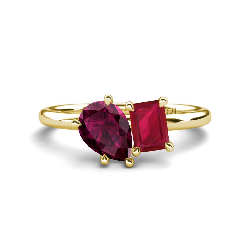 Nadya Pear Shape Rhodolite Garnet & Emerald Shape Ruby 2 Stone Duo Ring 