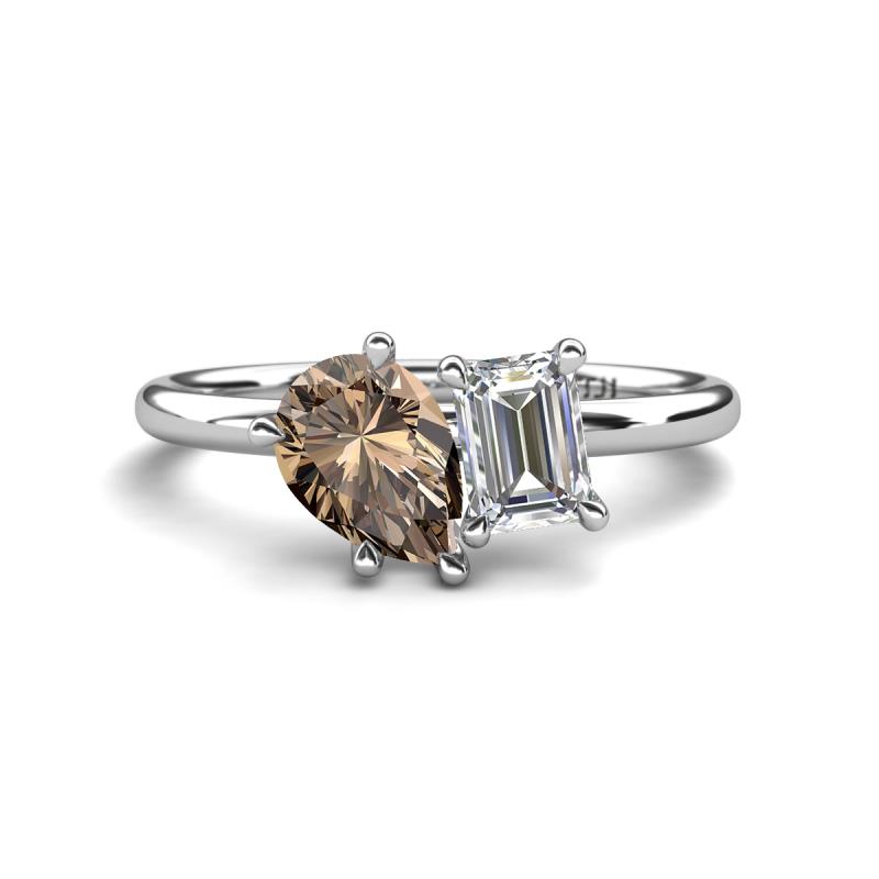 Nadya Pear Shape Smoky Quartz & Emerald Shape GIA Certified Diamond 2 Stone Duo Ring 
