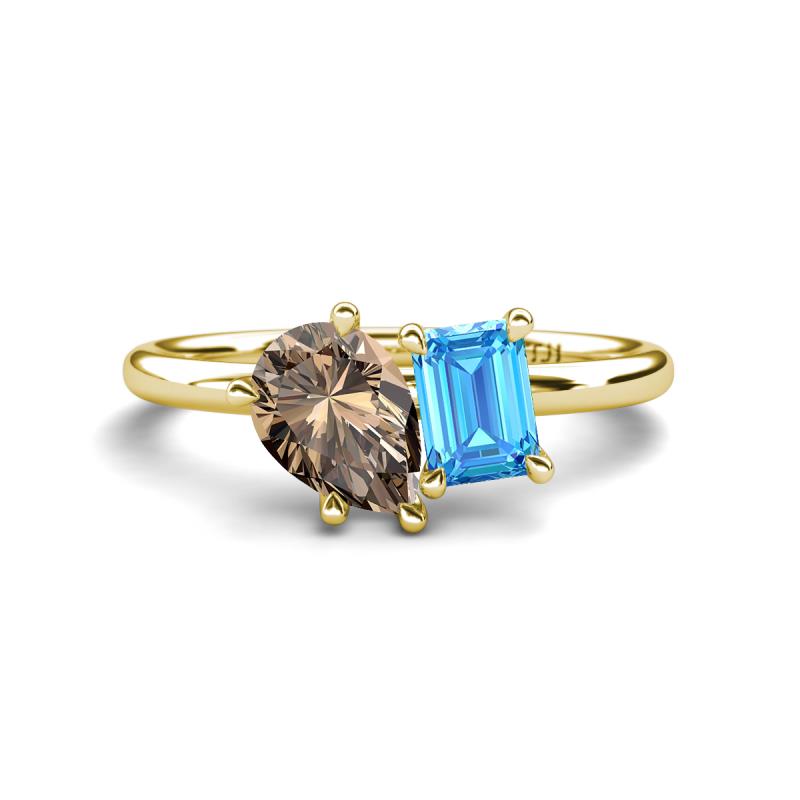 Nadya Pear Shape Smoky Quartz & Emerald Shape Blue Topaz 2 Stone Duo Ring 