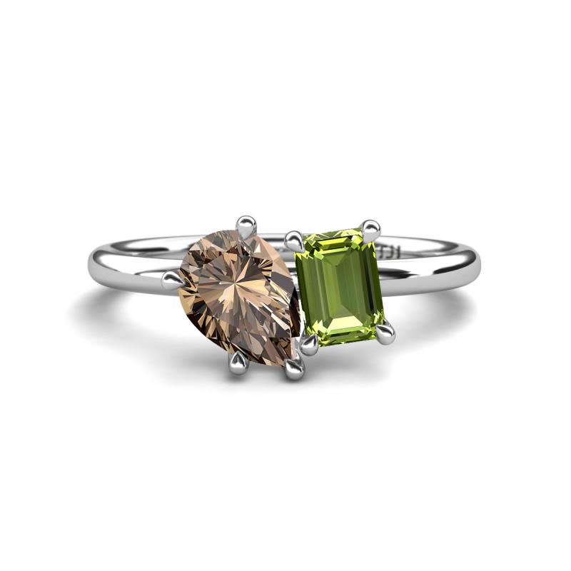Nadya Pear Shape Smoky Quartz & Emerald Shape Peridot 2 Stone Duo Ring 