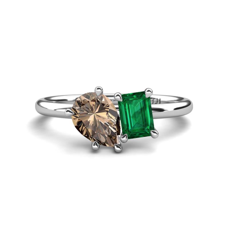 Nadya Pear Shape Smoky Quartz & Emerald Shape Emerald 2 Stone Duo Ring 