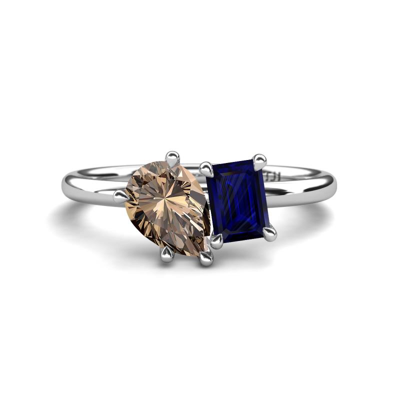 Nadya Pear Shape Smoky Quartz & Emerald Shape Blue Sapphire 2 Stone Duo Ring 