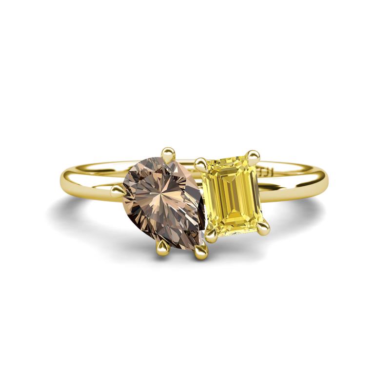 Nadya Pear Shape Smoky Quartz & Emerald Shape Yellow Sapphire 2 Stone Duo Ring 