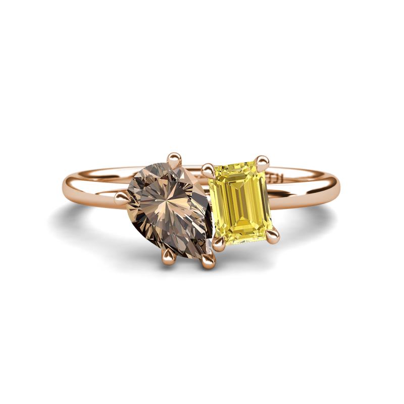 Nadya Pear Shape Smoky Quartz & Emerald Shape Yellow Sapphire 2 Stone Duo Ring 