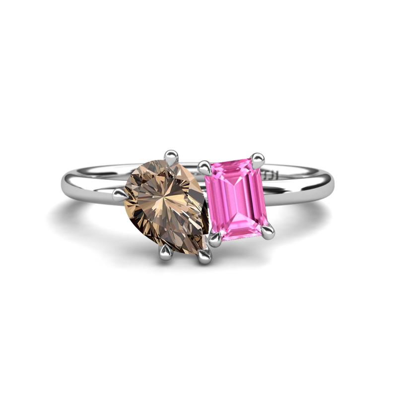 Nadya Pear Shape Smoky Quartz & Emerald Shape Pink Sapphire 2 Stone Duo Ring 