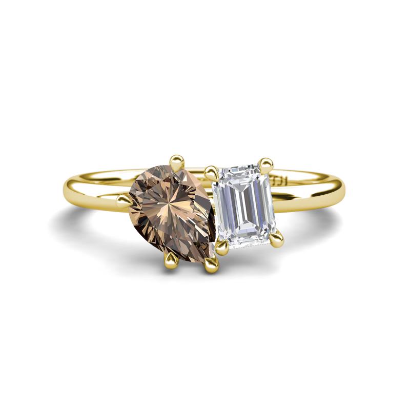 Nadya Pear Shape Smoky Quartz & Emerald Shape White Sapphire 2 Stone Duo Ring 