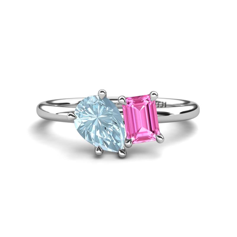 Nadya Pear Shape Aquamarine & Emerald Shape Pink Sapphire 2 Stone Duo Ring 