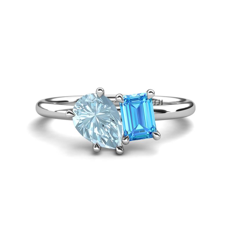 Nadya Pear Shape Aquamarine & Emerald Shape Blue Topaz 2 Stone Duo Ring 