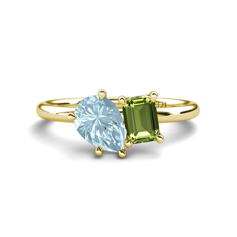 Nadya Pear Shape Aquamarine & Emerald Shape Peridot 2 Stone Duo Ring 