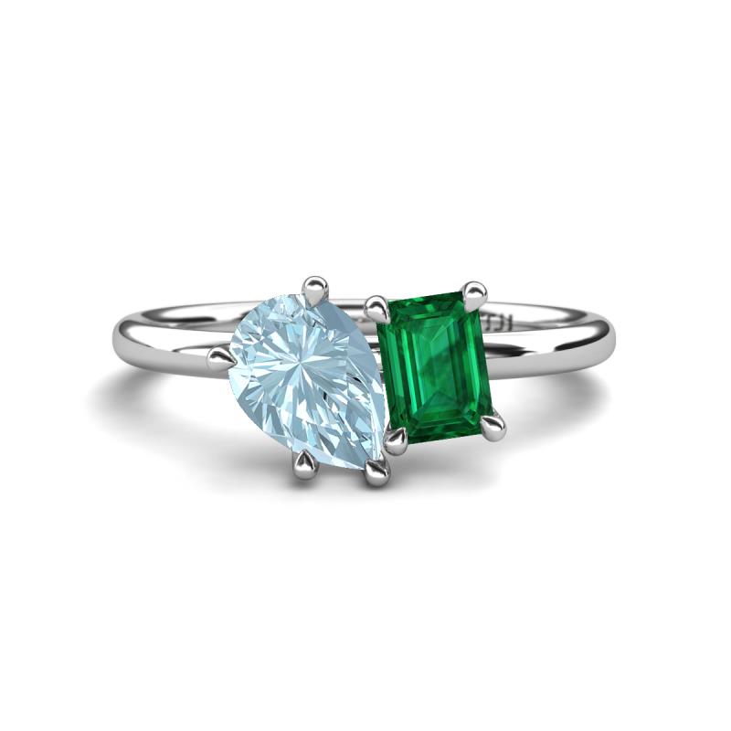 Nadya Pear Shape Aquamarine & Emerald Shape Emerald 2 Stone Duo Ring 