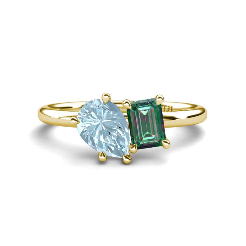 Nadya Pear Shape Aquamarine & Emerald Shape Lab Created Alexandrite 2 Stone Duo Ring 