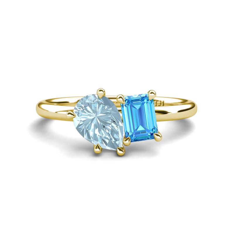 Nadya Pear Shape Aquamarine & Emerald Shape Blue Topaz 2 Stone Duo Ring 