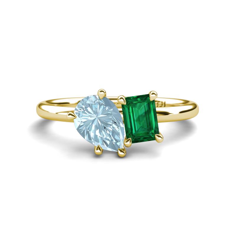 Nadya Pear Shape Aquamarine & Emerald Shape Emerald 2 Stone Duo Ring 