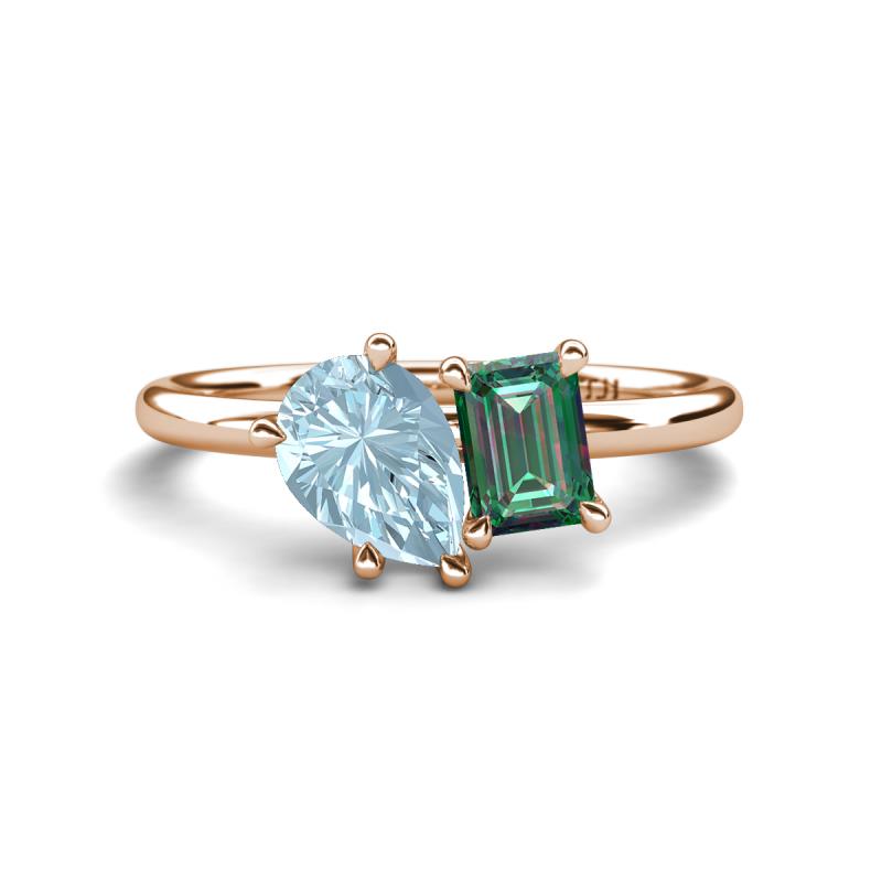 Nadya Pear Shape Aquamarine & Emerald Shape Lab Created Alexandrite 2 Stone Duo Ring 