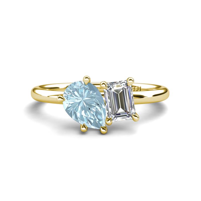 Nadya Pear Shape Aquamarine & Emerald Shape Forever One Moissanite 2 Stone Duo Ring 