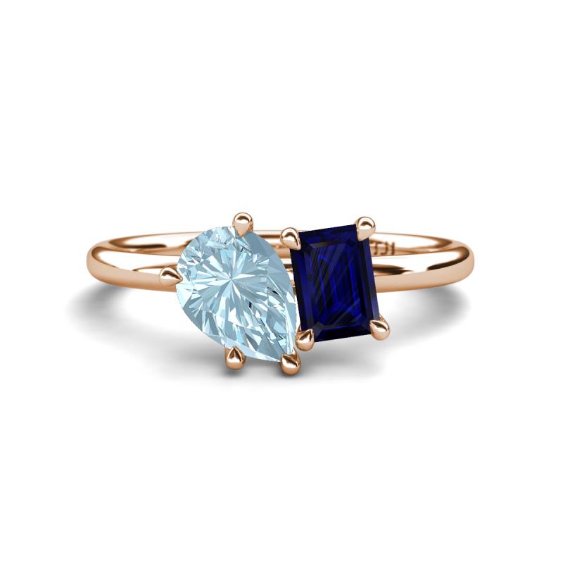Nadya Pear Shape Aquamarine & Emerald Shape Blue Sapphire 2 Stone Duo Ring 