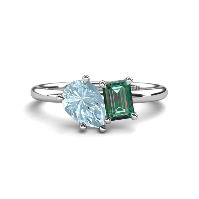 Nadya Pear Shape Aquamarine & Emerald Shape Lab Created Alexandrite 2 Stone Duo Ring 