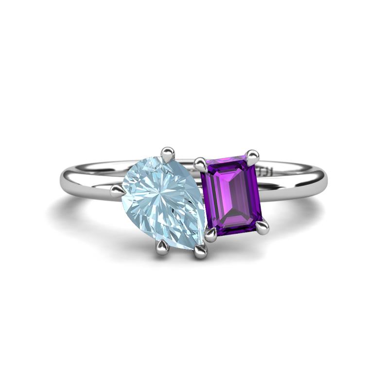 Nadya Pear Shape Aquamarine & Emerald Shape Amethyst 2 Stone Duo Ring 