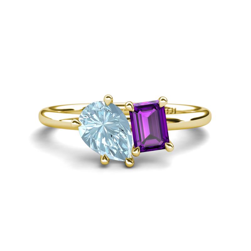 Nadya Pear Shape Aquamarine & Emerald Shape Amethyst 2 Stone Duo Ring 