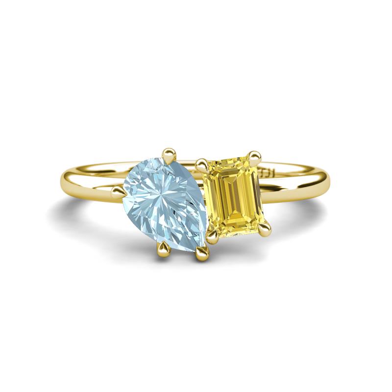 Nadya Pear Shape Aquamarine & Emerald Shape Yellow Sapphire 2 Stone Duo Ring 