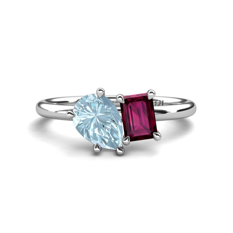 Nadya Pear Shape Aquamarine & Emerald Shape Rhodolite Garnet 2 Stone Duo Ring 