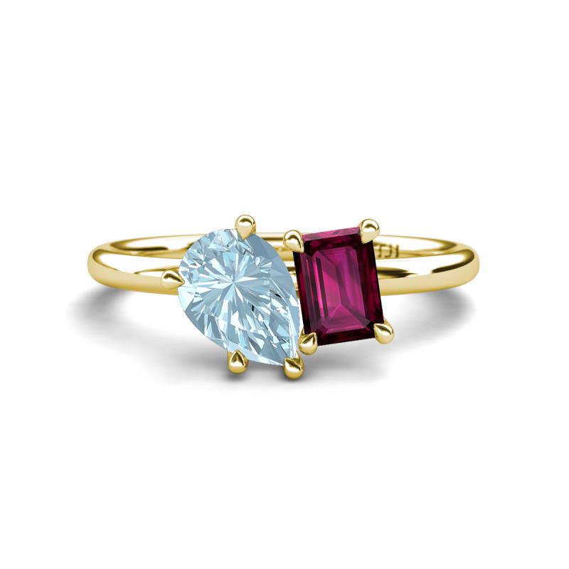 Nadya Pear Shape Aquamarine & Emerald Shape Rhodolite Garnet 2 Stone Duo Ring 