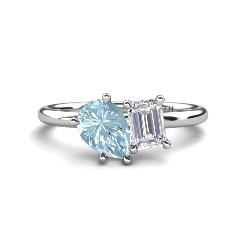Nadya Pear Shape Aquamarine & Emerald Shape White Sapphire 2 Stone Duo Ring 