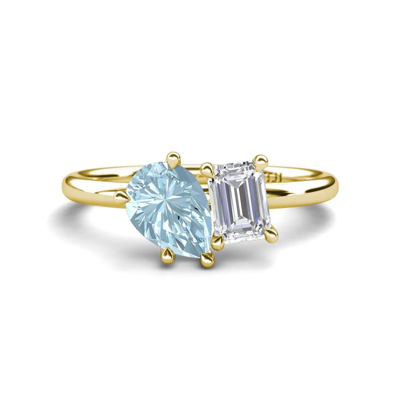 Nadya Pear Shape Aquamarine & Emerald Shape White Sapphire 2 Stone Duo Ring 